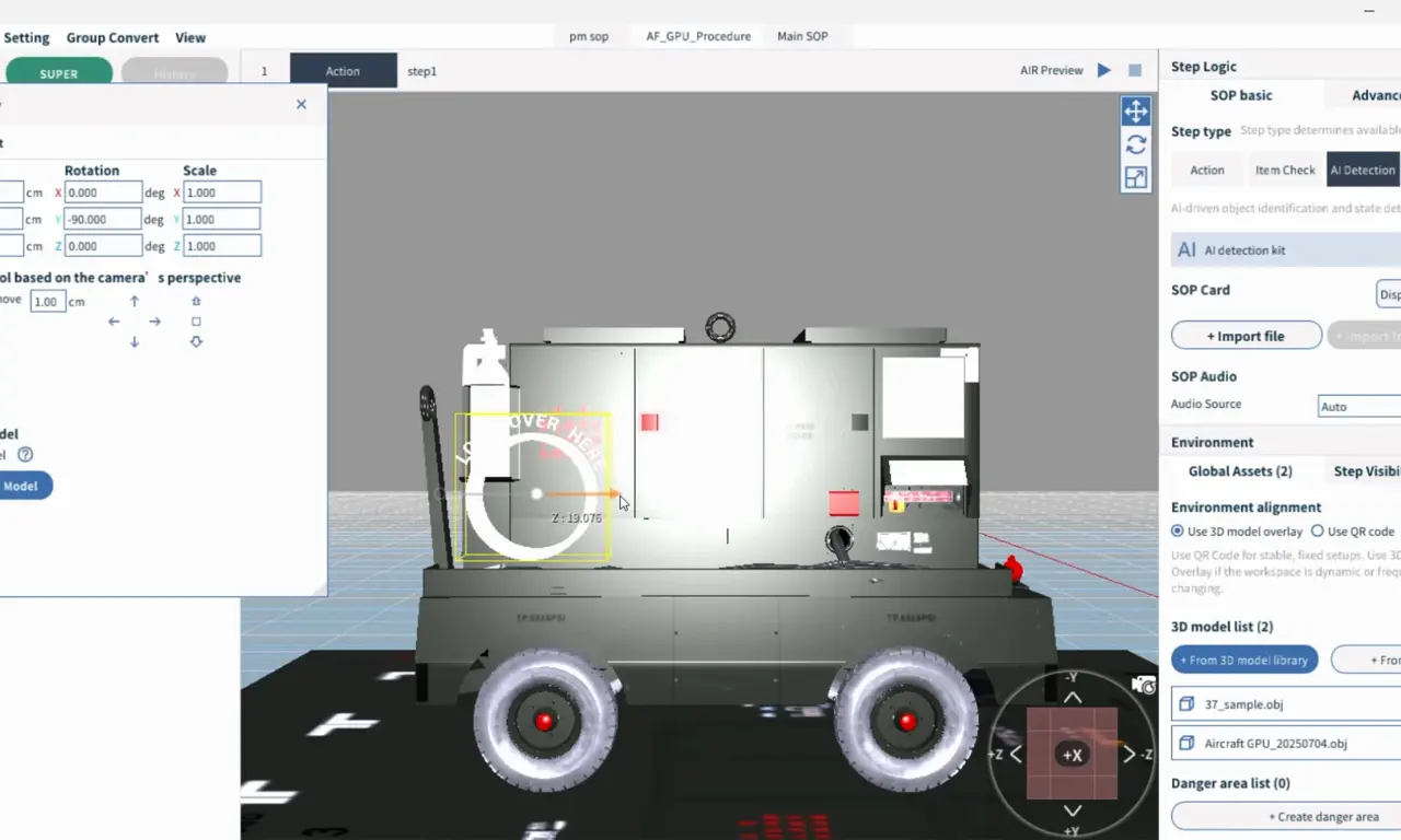 ADB 軟體介面設定電源車 3D 模型與檢查點位，用於引導式檢查